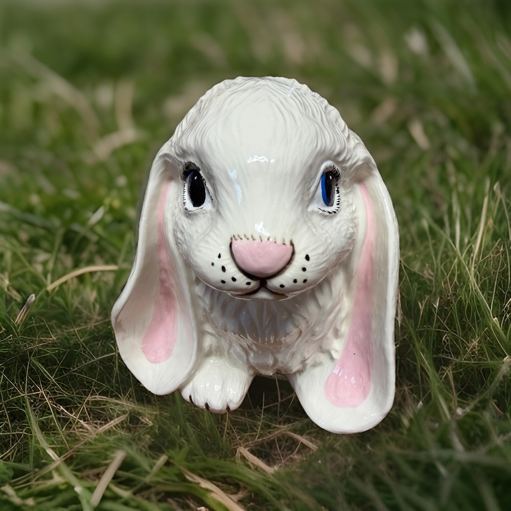 Large White Ceramic Bunny Rabbit‎ Figurine Glossy Easter Decor 8" Spring Cottage